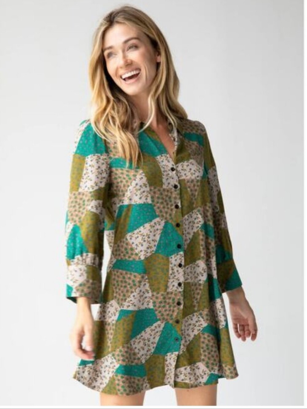 NWT! Natural Life Twiggy Mini Shirt Dress Green Floral Patchwork